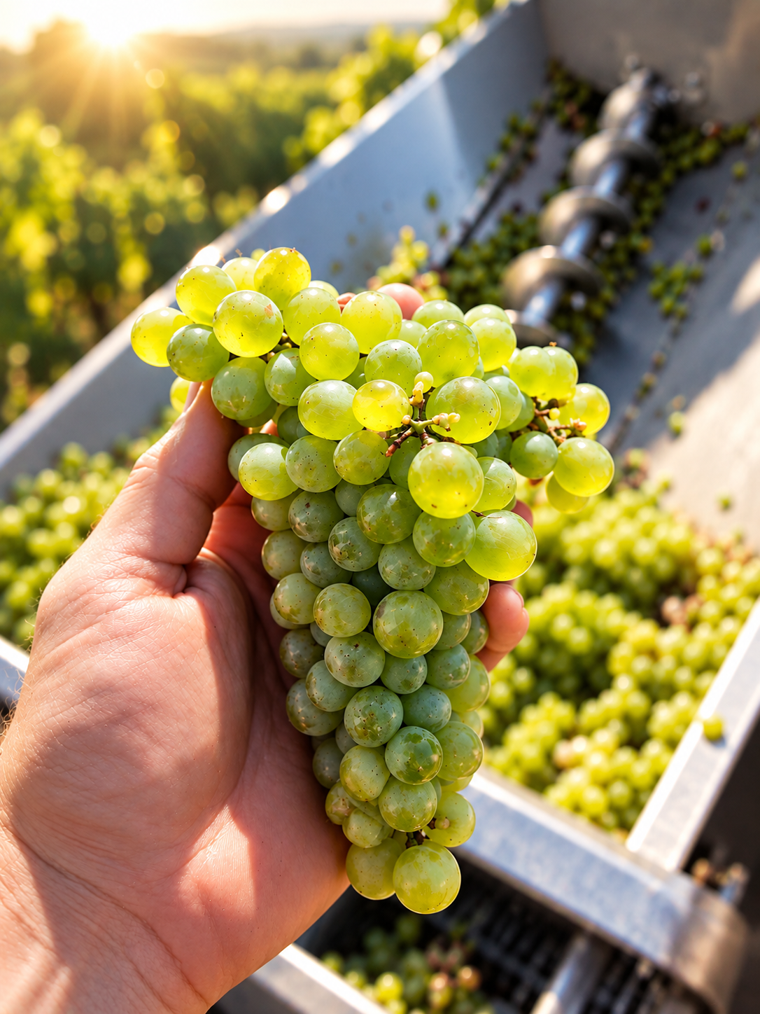 Hand holding a fresh bunch of white grapes above the harvester at the winery
